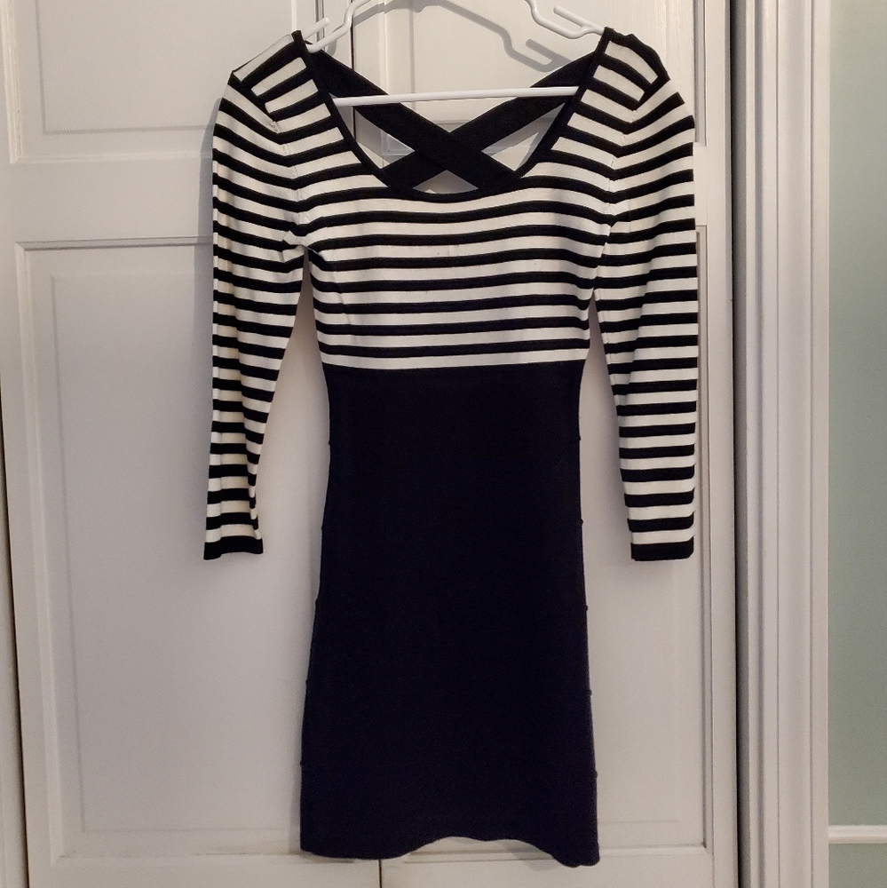 Black and white striped, long sleeve dress